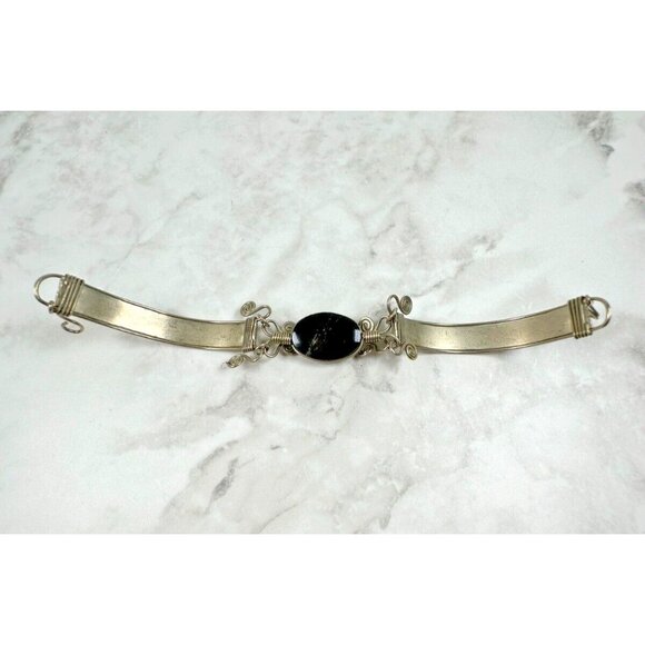 Silver Tone Stamped and Wire Wrapped Bracelet with Black Stone - Unique - 7" - Picture 5 of 6